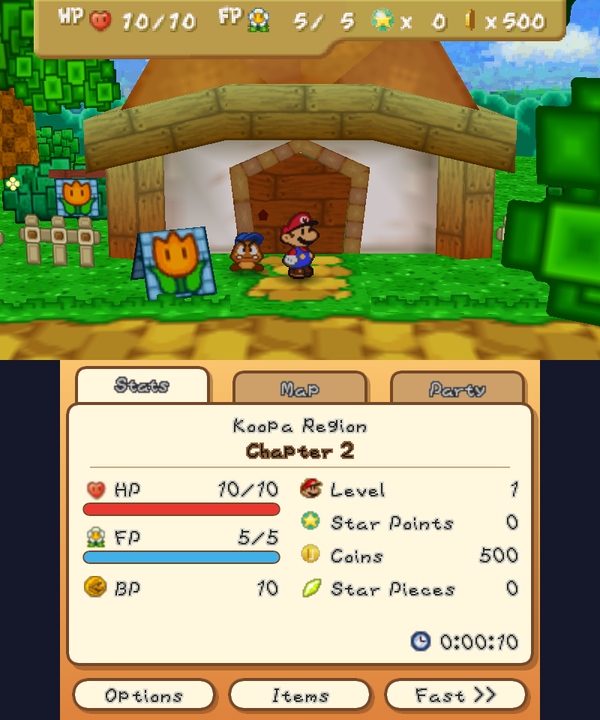 Koopa Village on the top screen, the Stats tab on the bottom screen