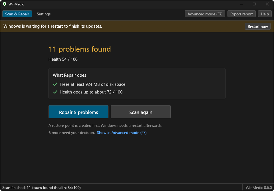 WinMedic after a scan: the problems it found, what Repair does, and the Repair button