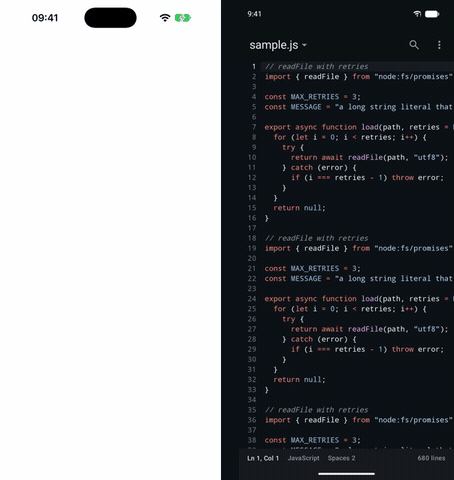 The example app on iOS and Android side by side: typing with highlighting, soft wrap and the font size slider, find and replace, and the theme switch