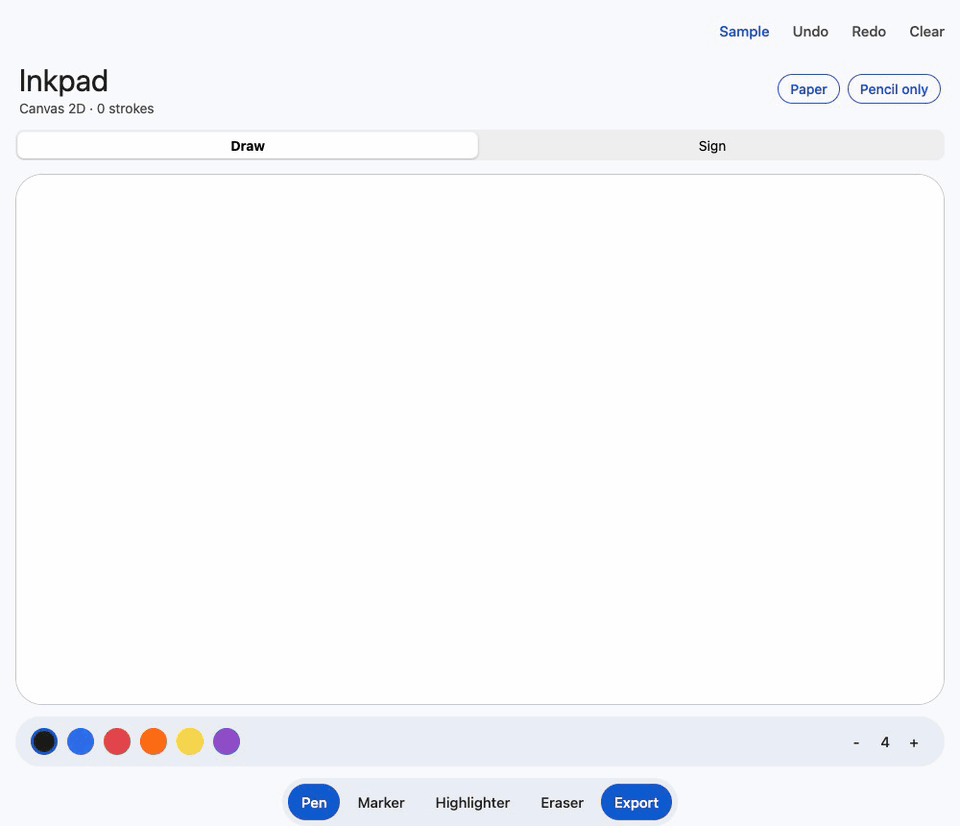 The example app in a desktop browser: a drawing in pen, marker and highlighter, the export sheet, and a signature