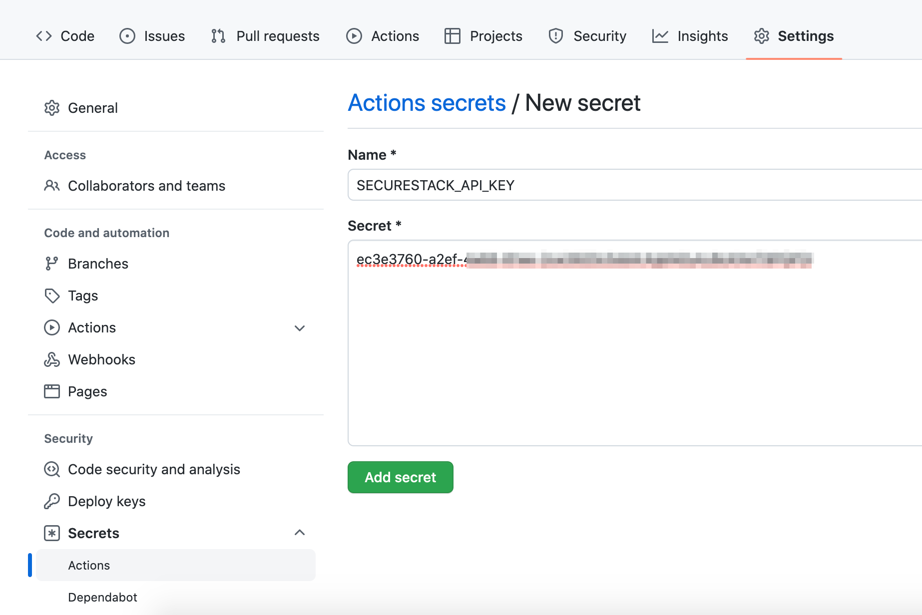 Create GitHub Secret for API key