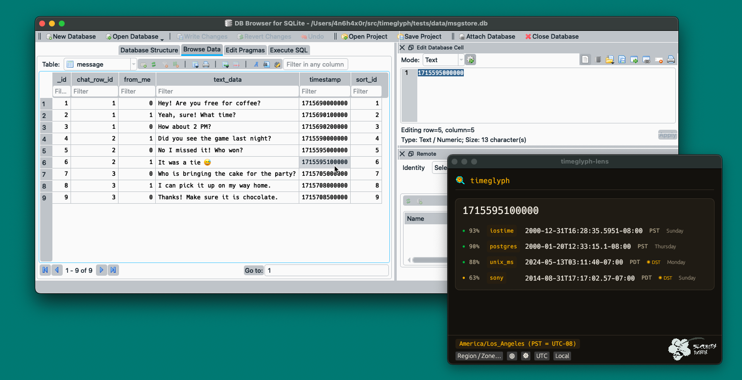 timeglyph-lens decoding a SQLite timestamp column live over DB Browser for SQLite