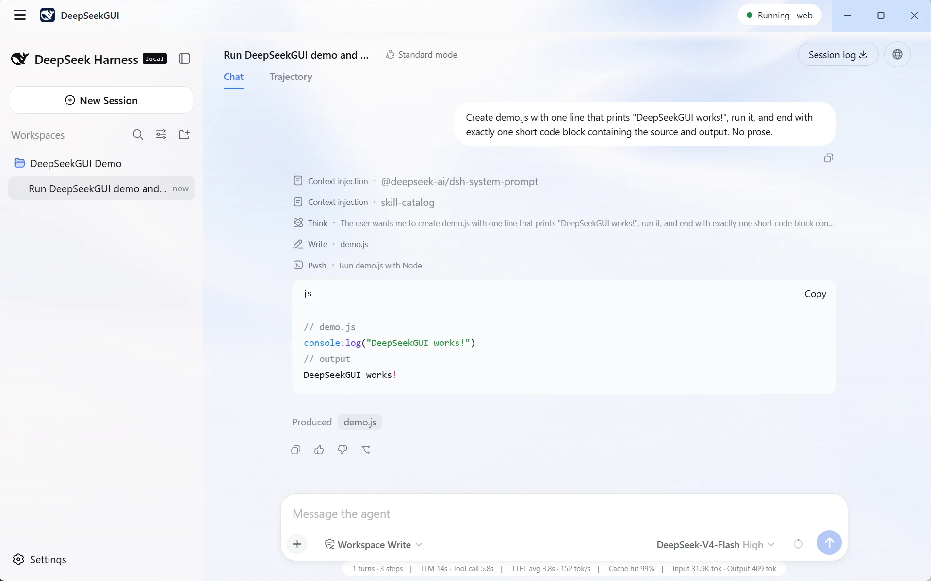 A completed DeepSeekGUI coding task that creates and runs a JavaScript file