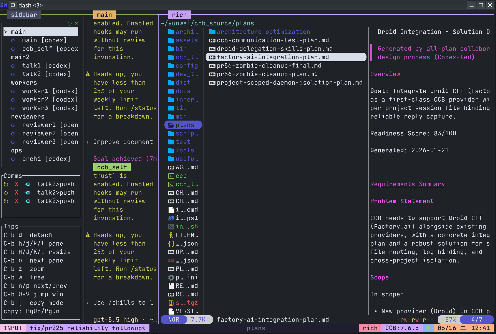 CCB rich workbench with Yazi preview in WezTerm