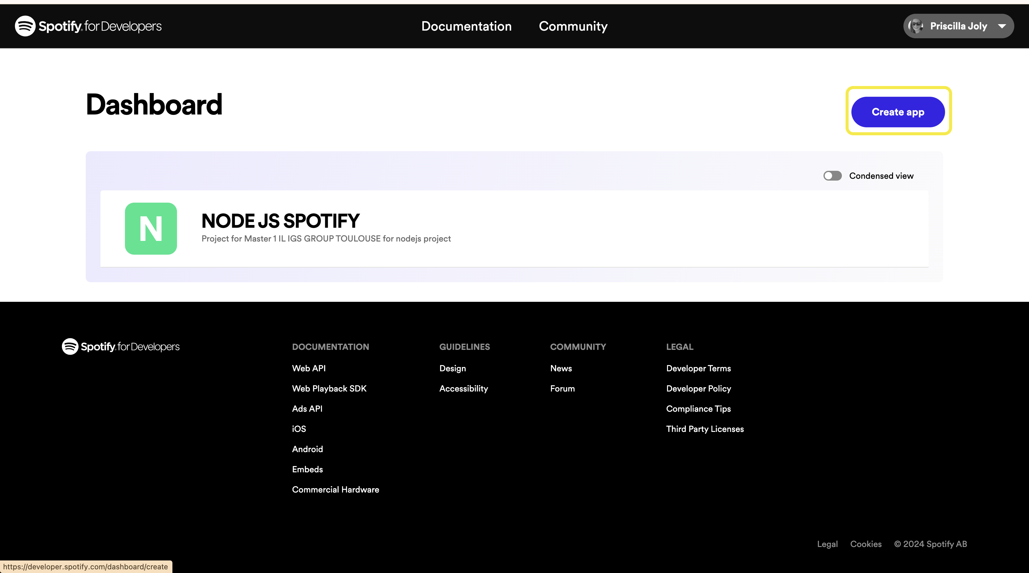 Spotify API create project