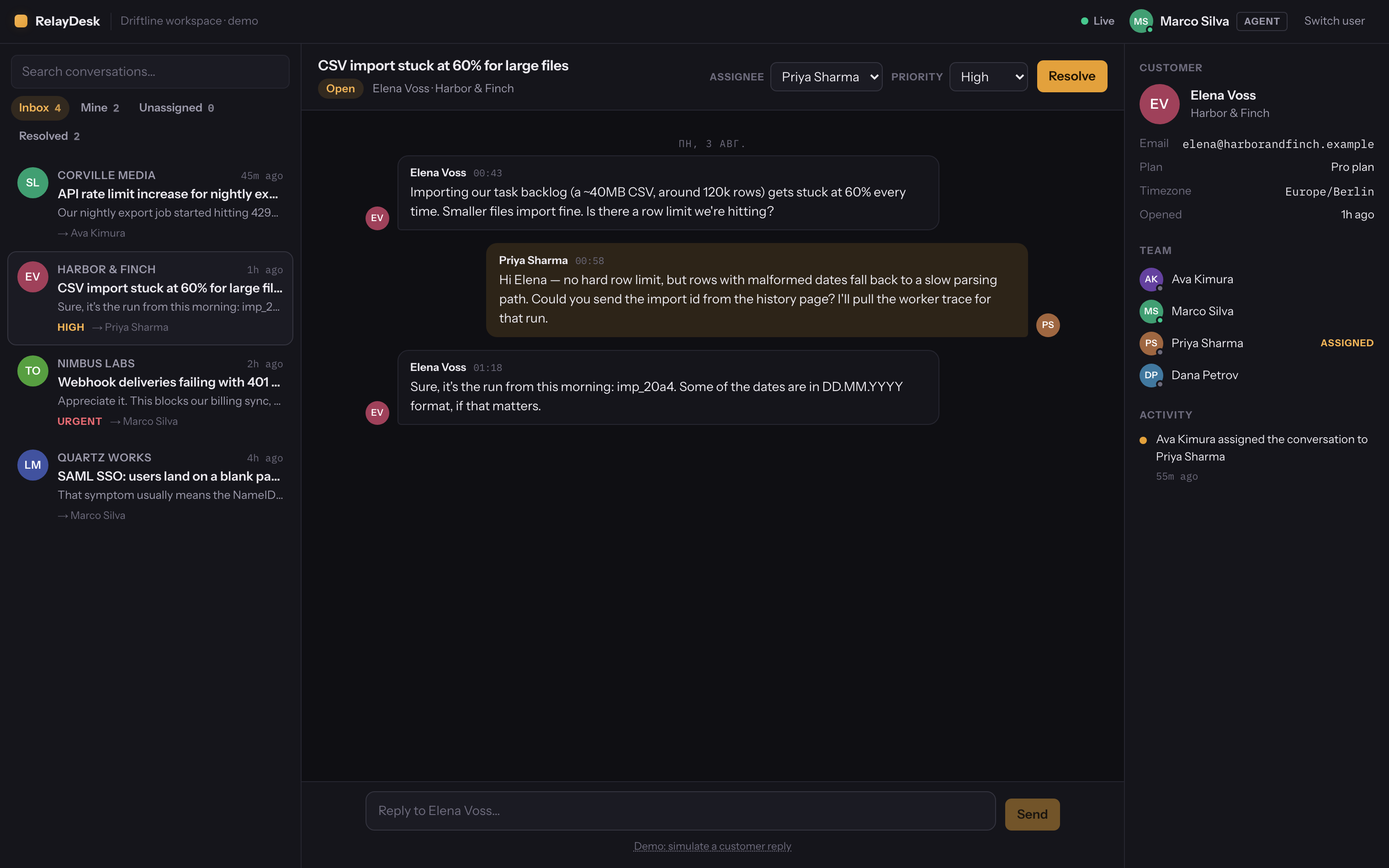 RelayDesk — realtime support inbox