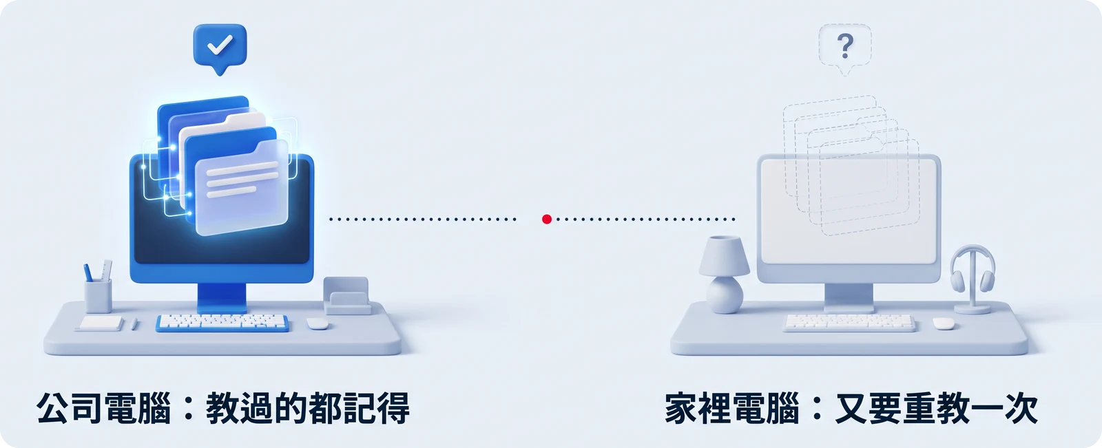 公司電腦：教過的都記得；家裡電腦：又要重教一次