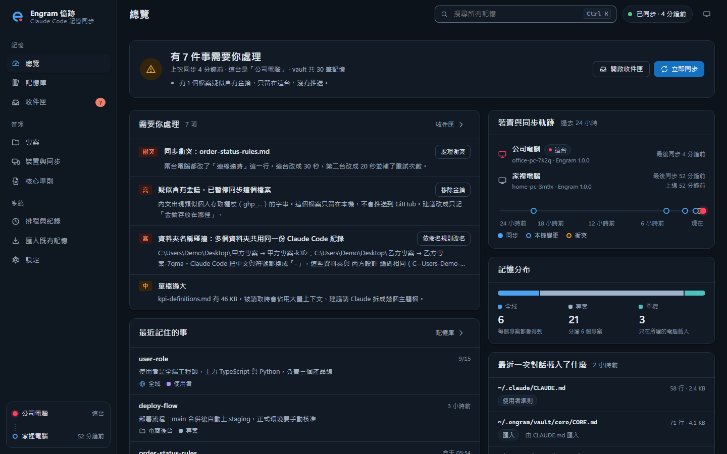 深色模式的總覽頁