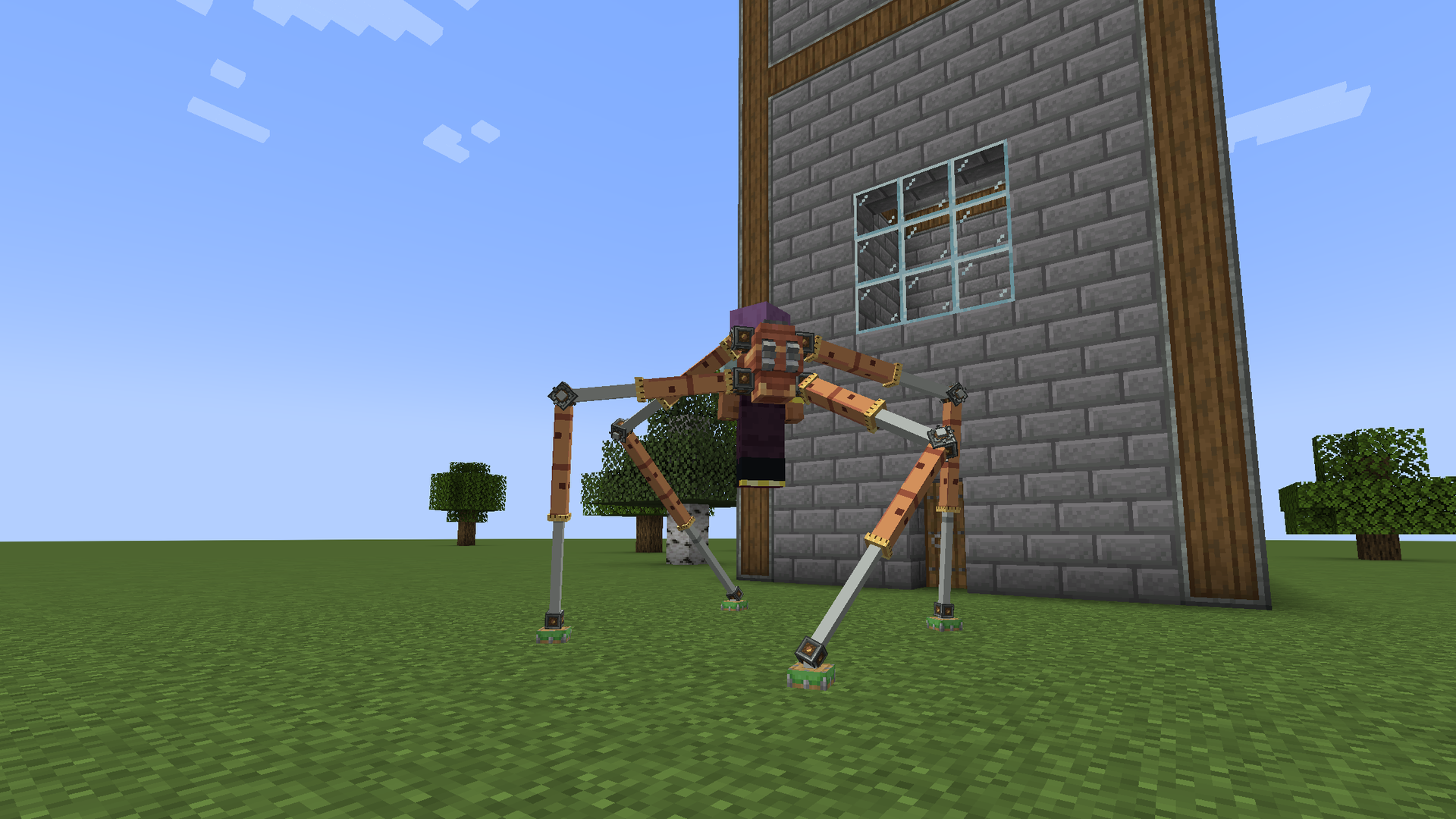 A player lifted off the ground by the four copper Tentacles of a Tentacle Rig