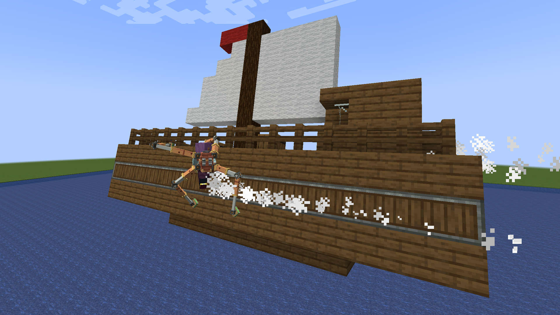 A player gripping the side of a Ship moving at 4 blocks per second