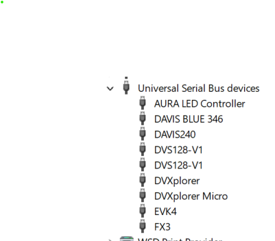 Windows Device Manager: eight event cameras bound as WinUSB