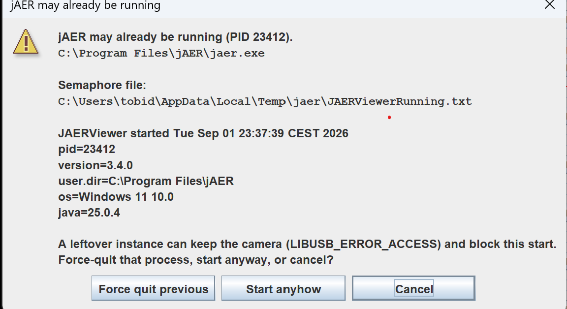 Force quit previous jAER if a leftover instance holds the camera