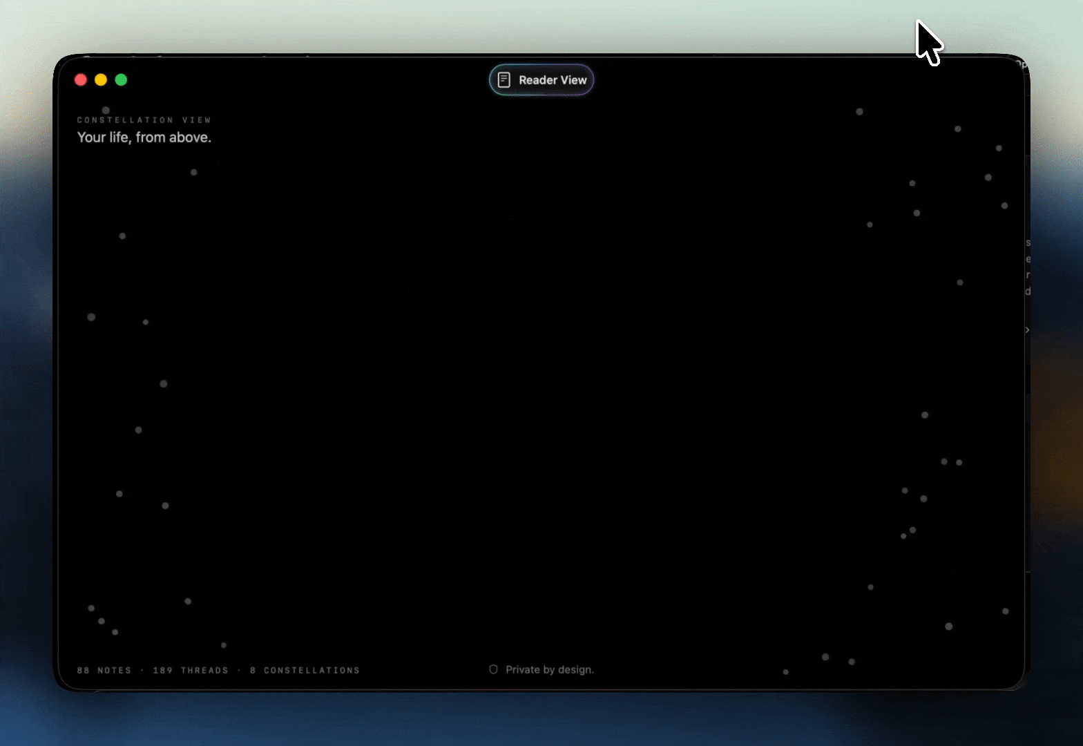 The Knowledge window's Constellation View: your life, from above. Notes as stars, wikilinks as threads.