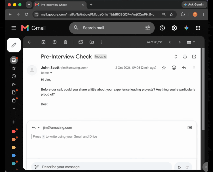 Three Double Tap recordings play back to back: an informed email reply in Gmail, a project update in Slack, and a reply about weekend plans in iMessage. Each reply stays unsent.