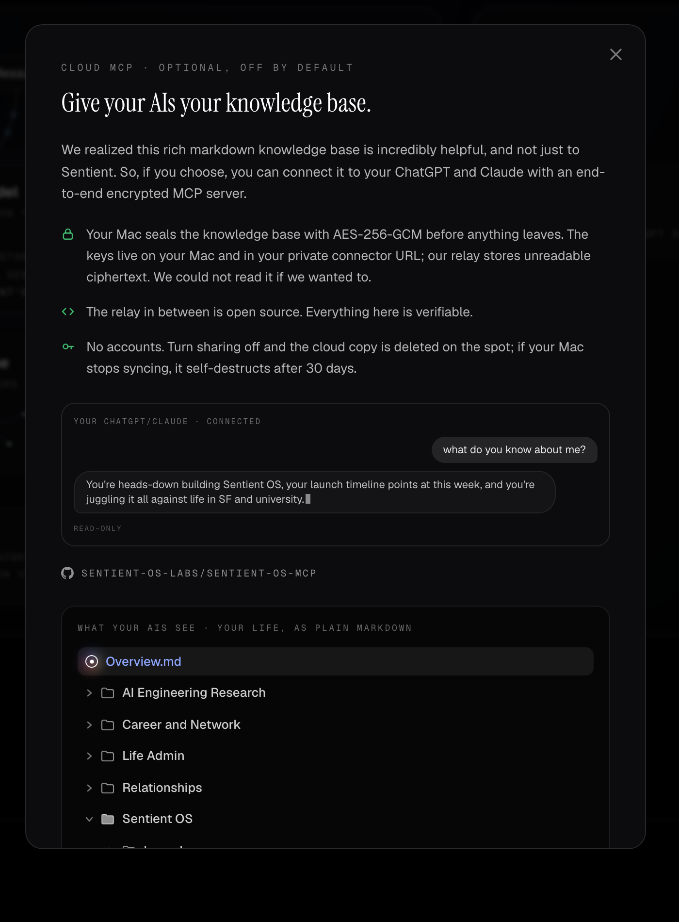 The cloud MCP: sealed on your Mac, ciphertext on the relay, no accounts