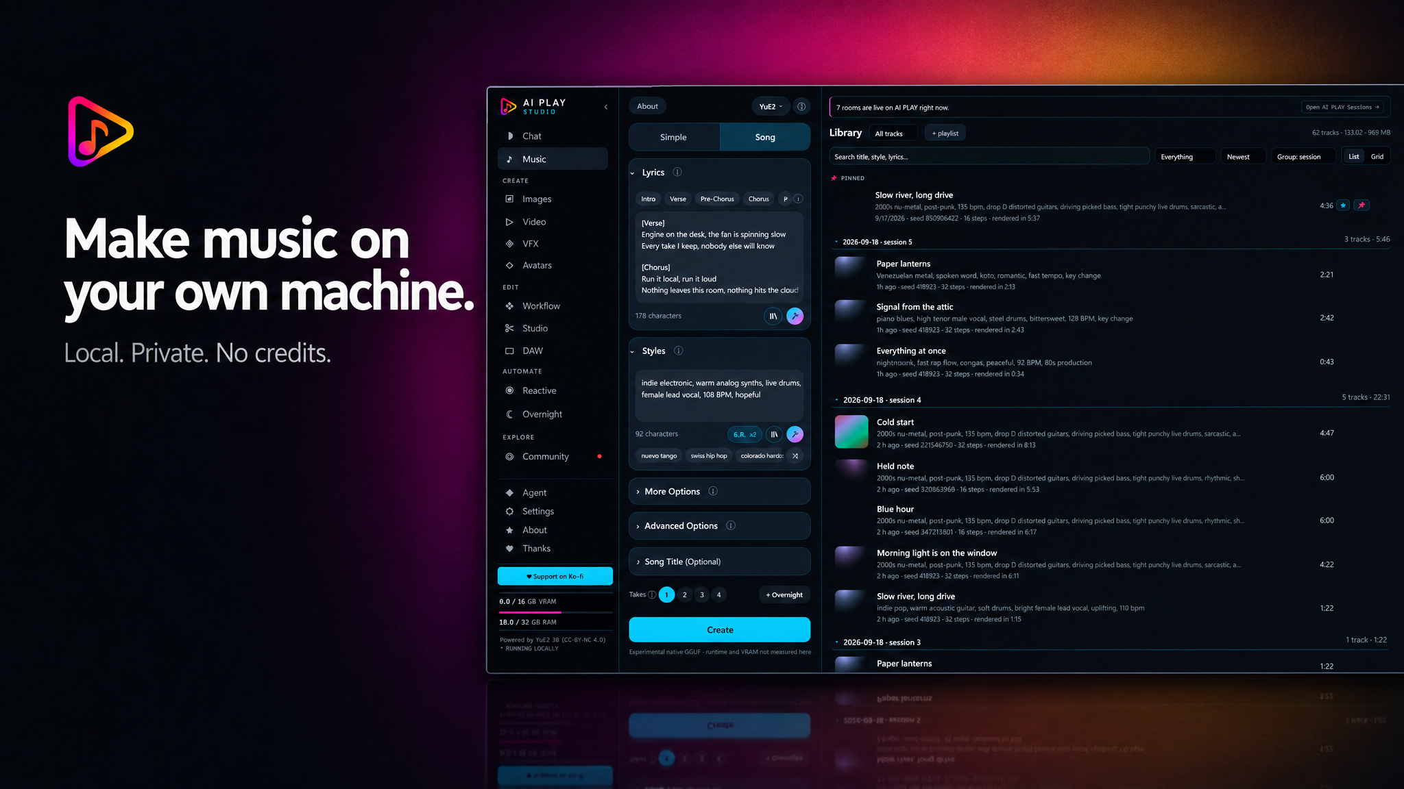 The Music screen: lyrics, styles and a library of finished songs.