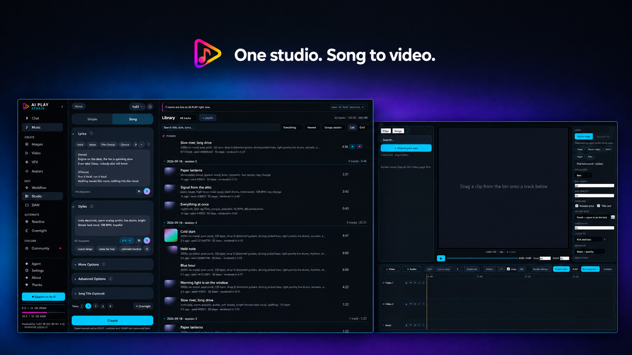 One studio: from a song on the Music screen to a video on the Studio timeline.