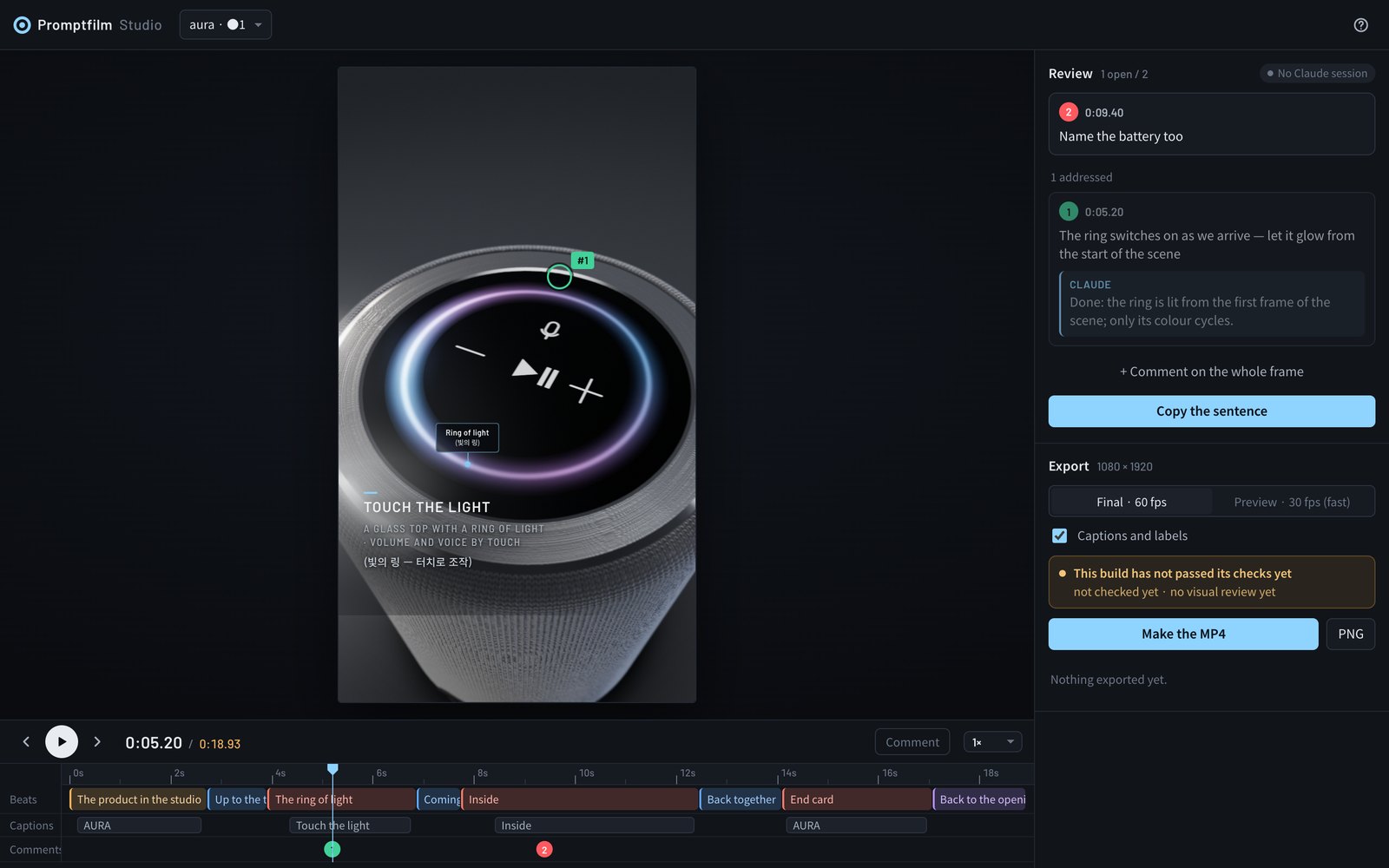 Promptfilm Studio: the film in the middle, a timeline of beats, captions and comments below, review comments with Claude's replies and the export panel on the right