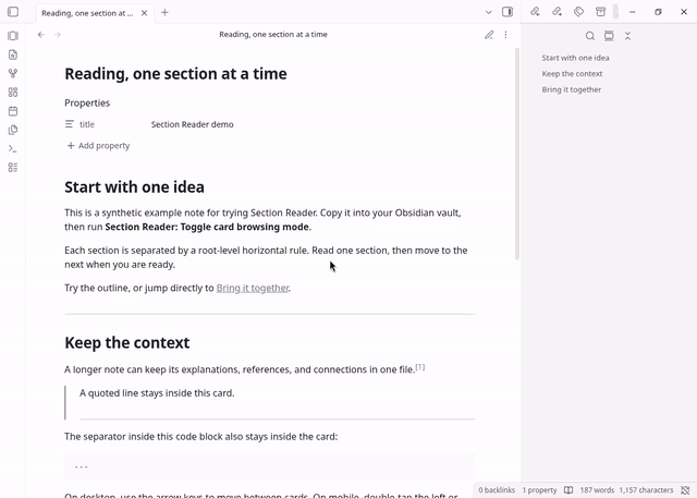 Switch from a full note to Section Reader, then browse one section at a time
