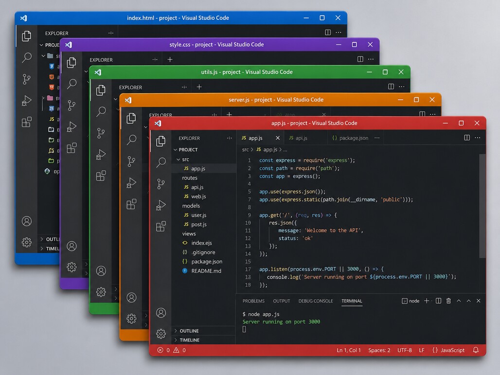 VS Code workspaces with distinct Title Bar Palette accents