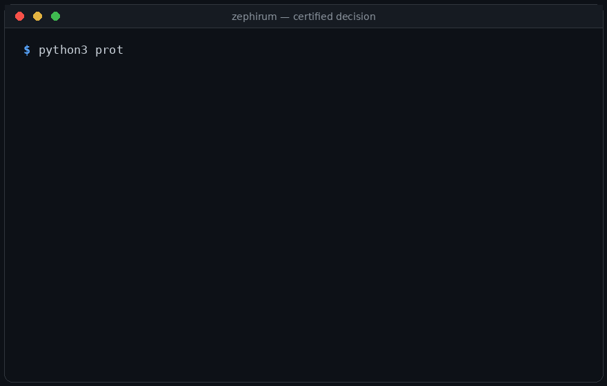 ZEPHIRUM terminal demo: the naive 12-term truncation answers TRUE (wrong at any length); the certified identity decides FALSE in 2 units — the certificate is the answer