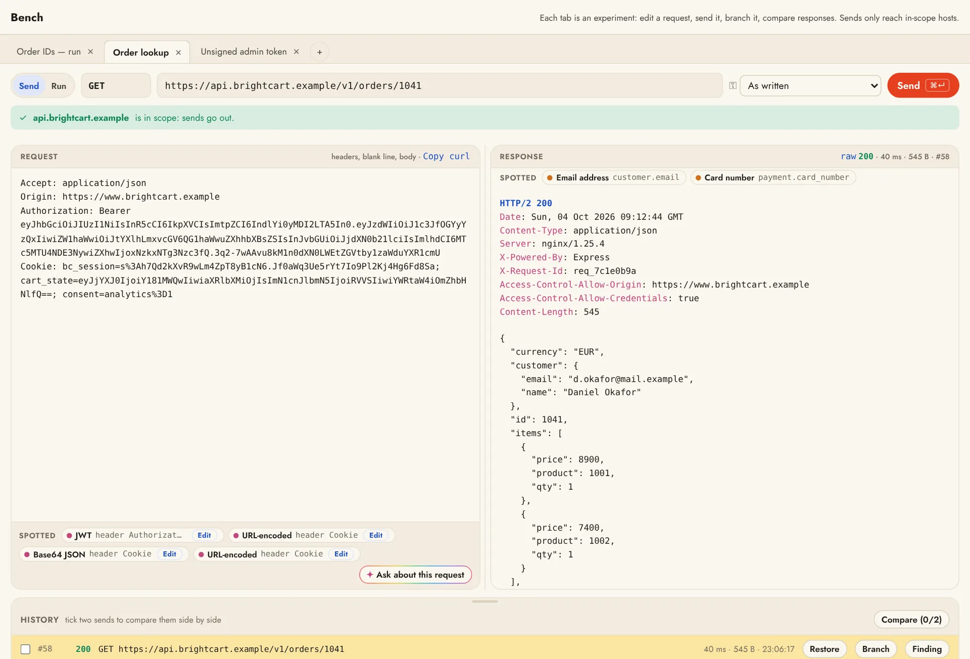 The Bench: a request with decoded values spotted in it, its response, and a history of sends to restore, branch or compare