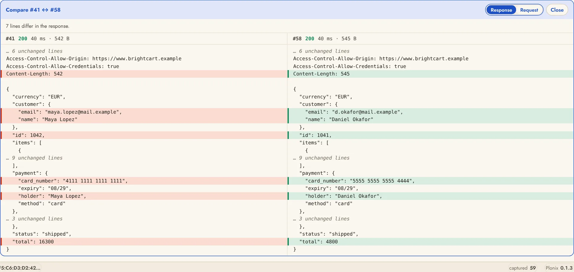 Comparing two sends on the Bench: the responses for two order ids side by side, with the lines that differ marked