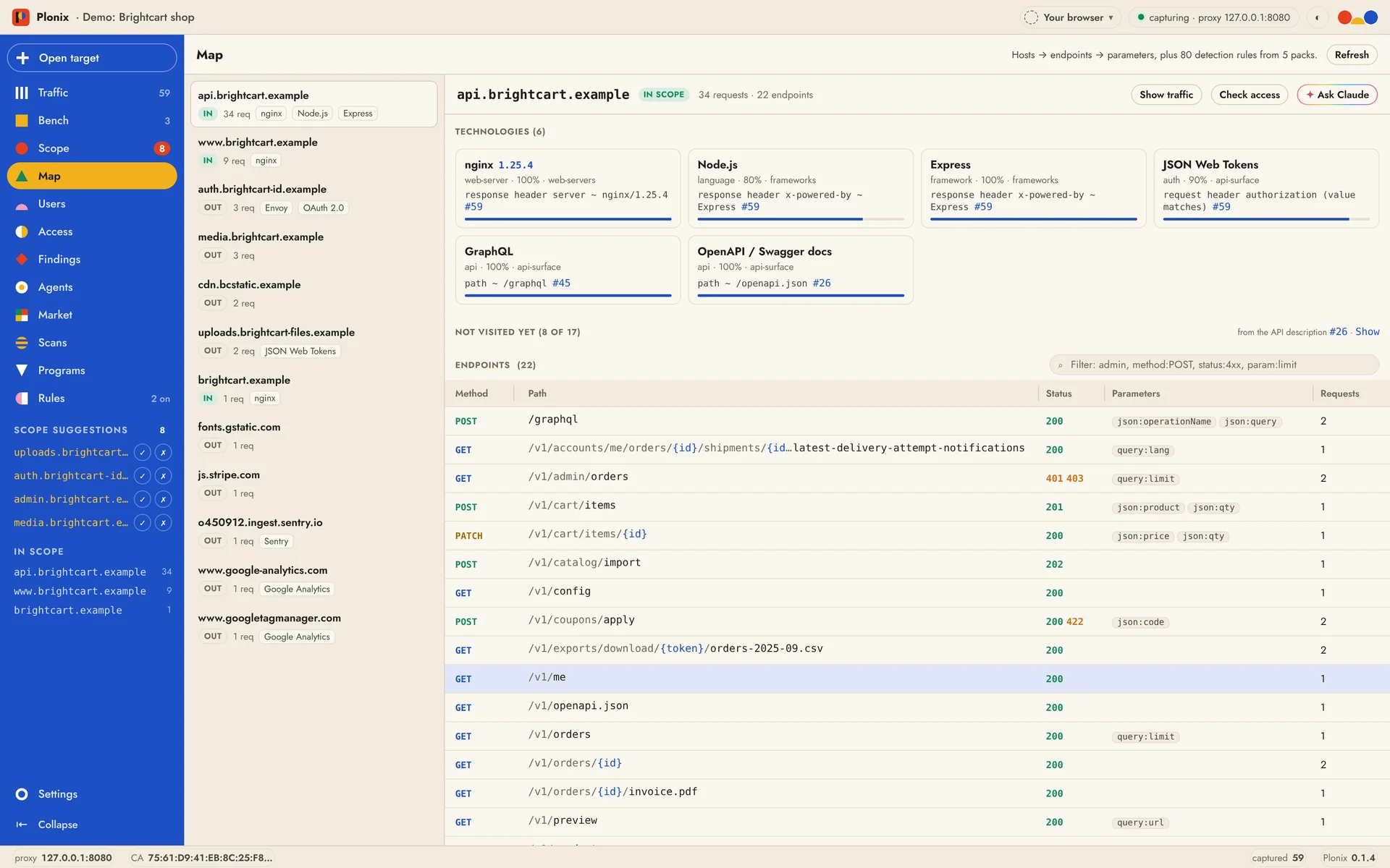 The Map: hosts with their technologies, and a host's endpoints with statuses and parameters, ids and tokens folded, and a filter box