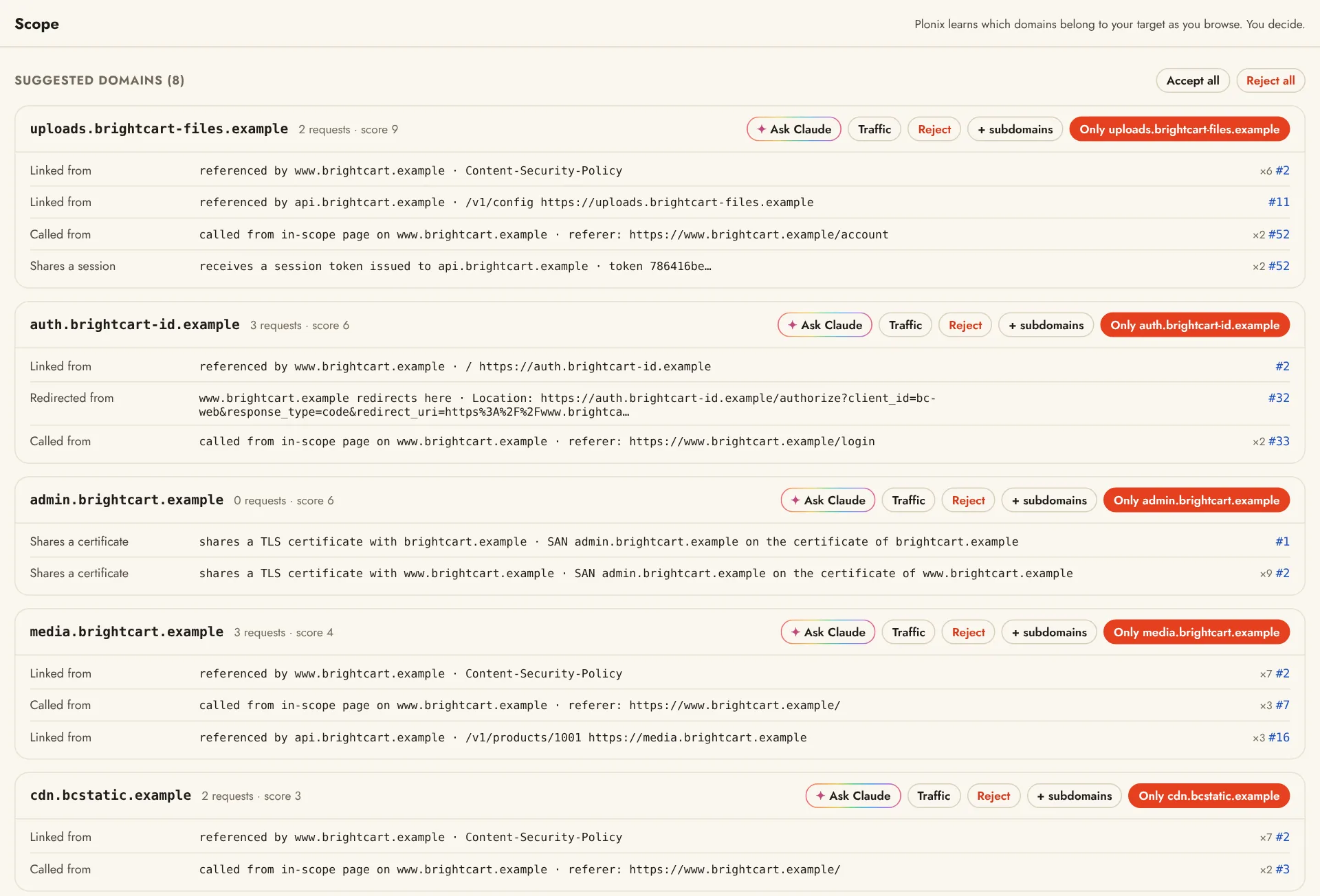 Scope: suggested domains, each with the evidence that ties it to the target and buttons to accept or reject