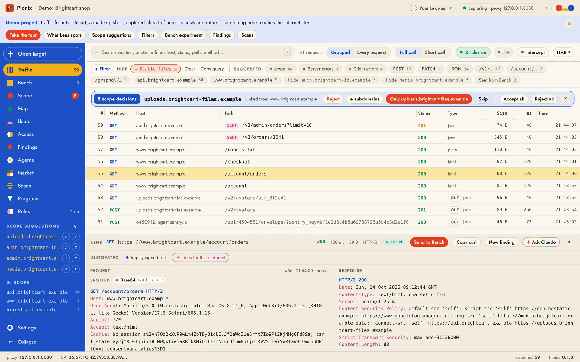The Plonix window: live traffic with filter chips and suggestions, a scope decision bar, and the Lens showing a request, its response and one-click suggested next steps