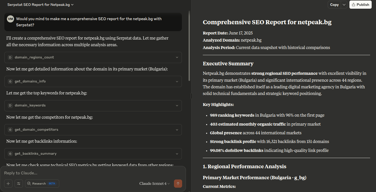 Claude SEO Report Example Screen shot of SEO Report generated by Claude with connected Serpstat MCP Server