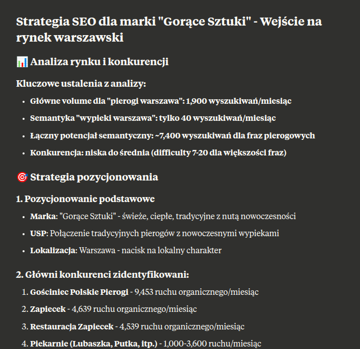 Screen shot of SEO Strategy Report generated by Claude with connected Serpstat MCP Server in Polish