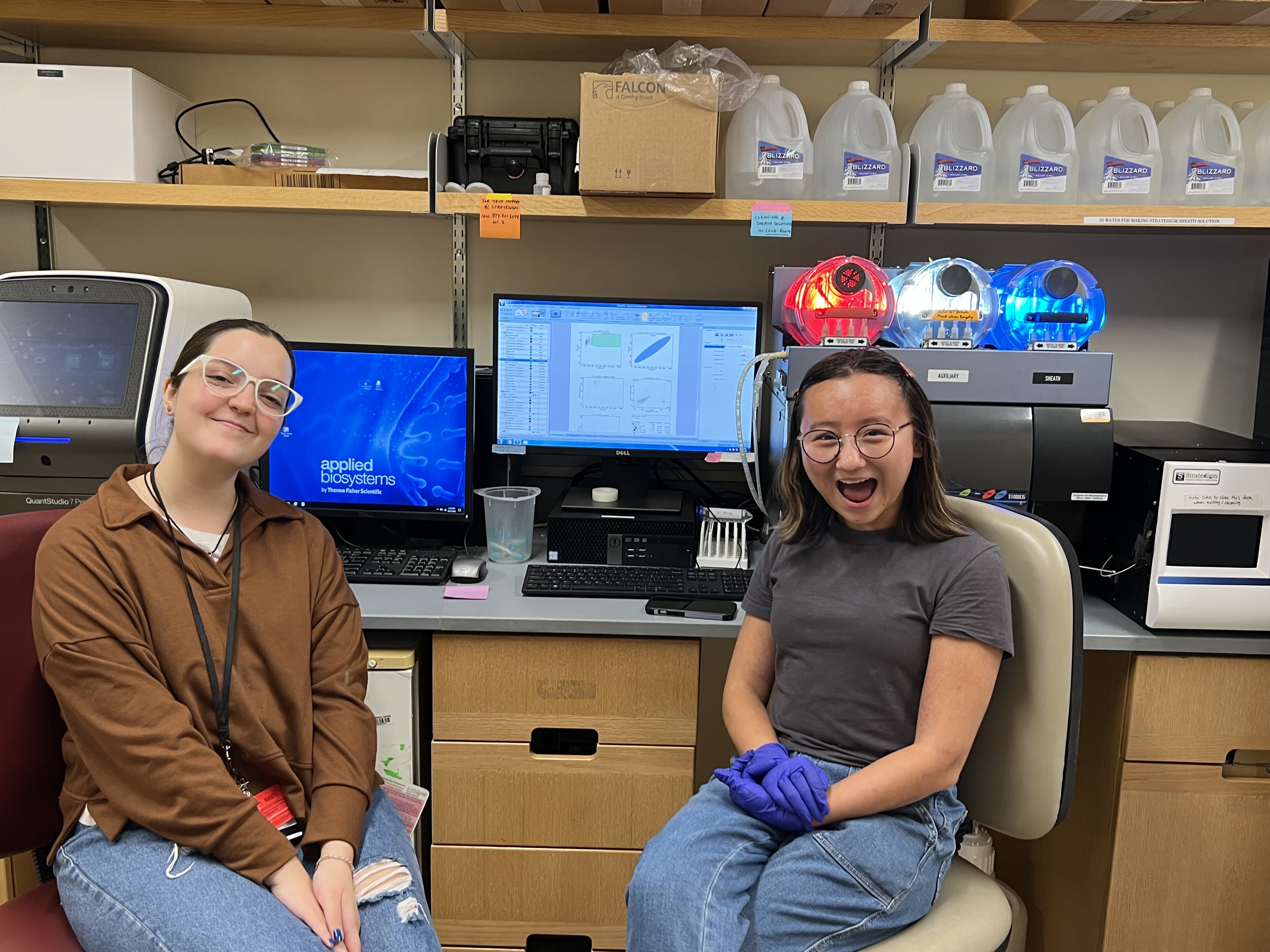 Emilia and Sophia smiling and celebrating good experimental results