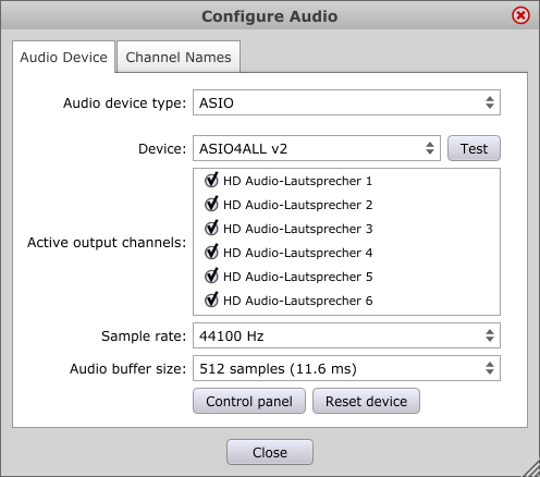 Audio configuration dialog