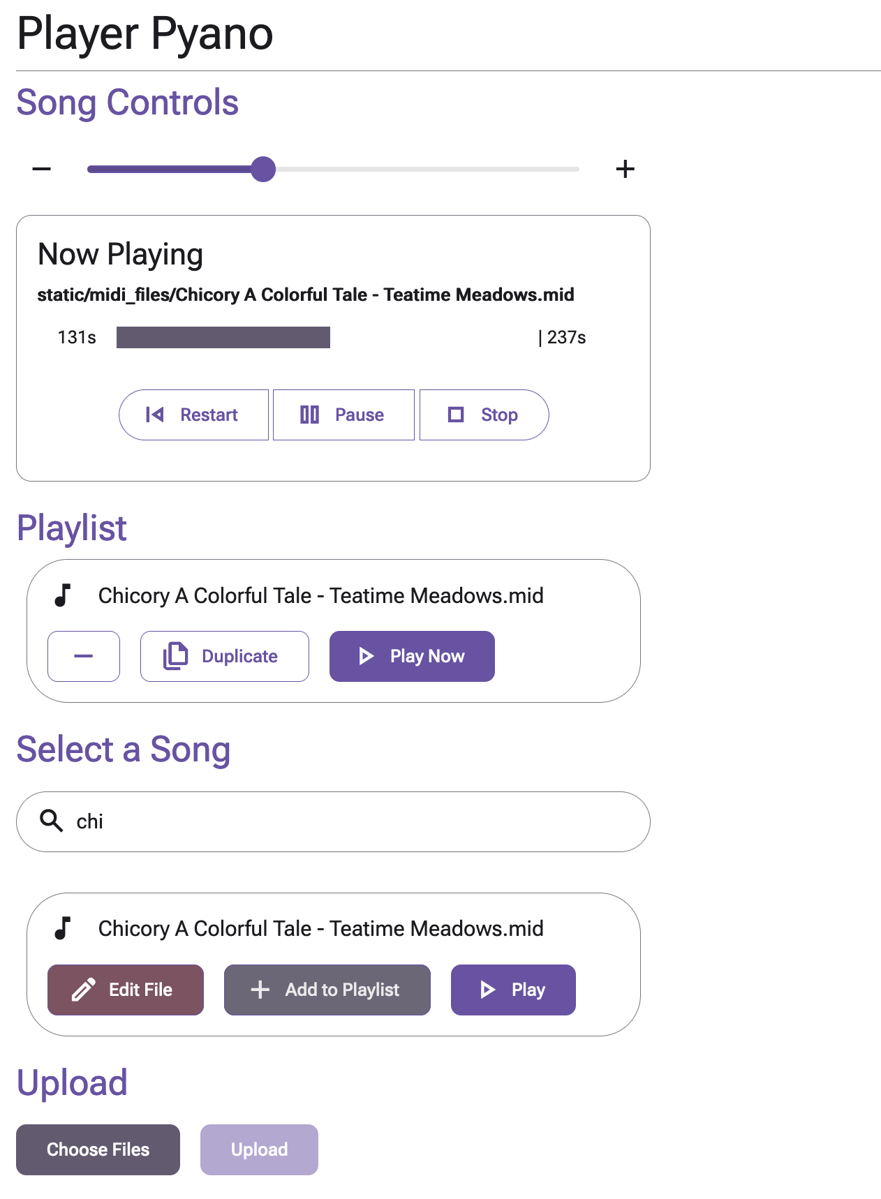 An example screenshot of the application showing play, pause, and song filtering
