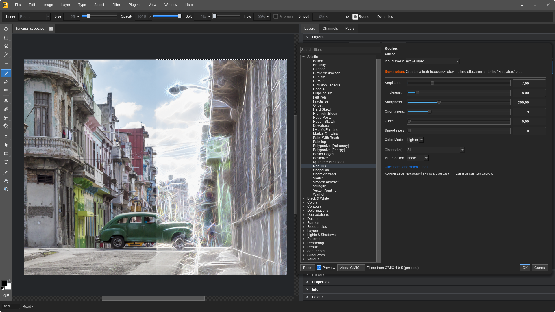The G'MIC Filter Library with Rodilius selected among the Artistic filters, its settings beside the list, and a live preview on the right half of a Havana street photo, with the original on the left.