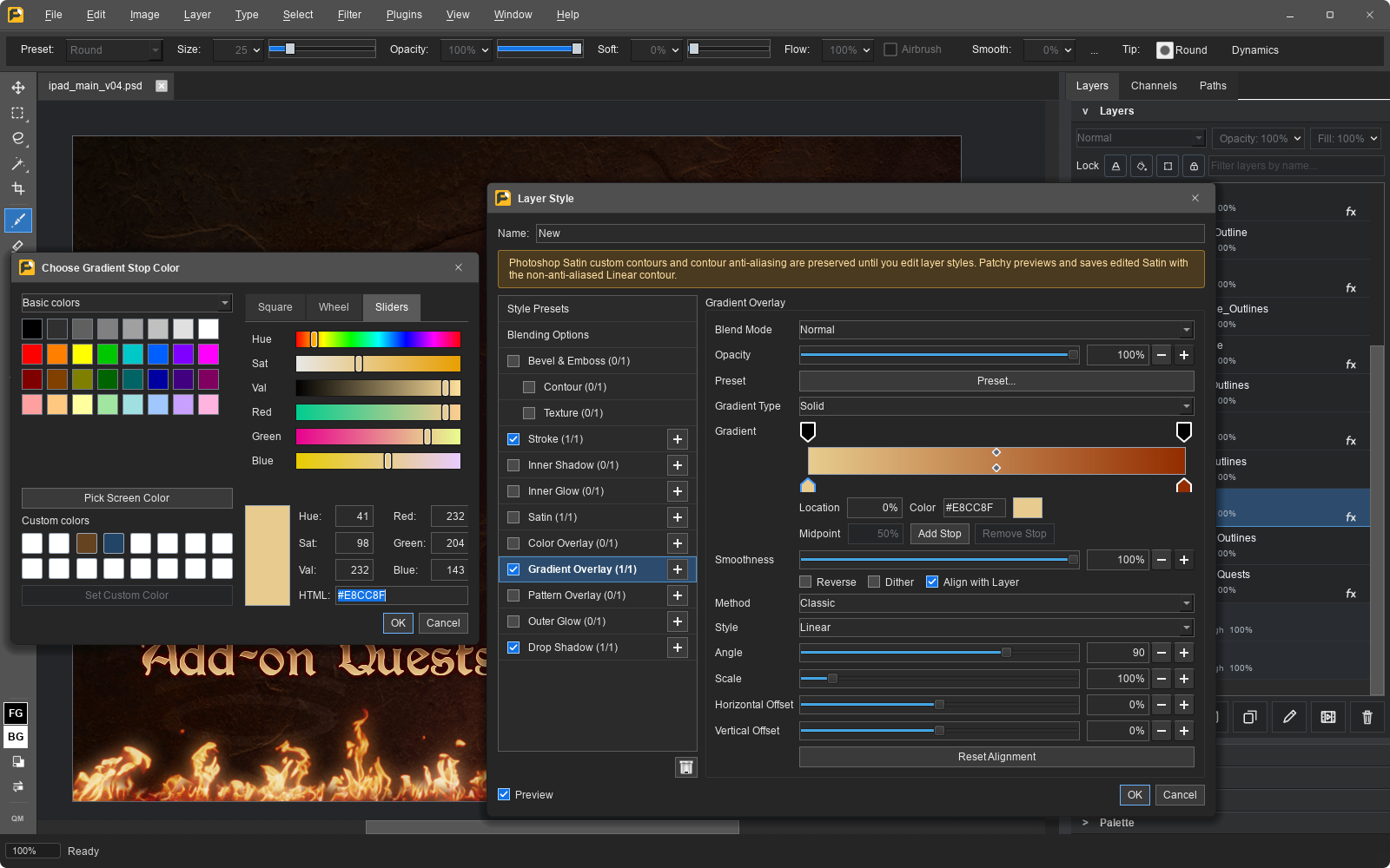 Layer Style and gradient color controls over layered artwork.
