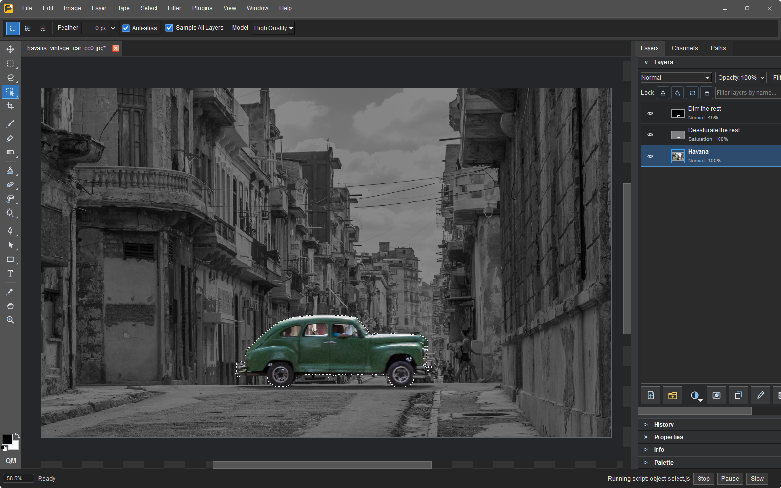 Object Selection tool with a vintage car selected in a busy Havana street from one loose box drag, the rest of the photo muted.