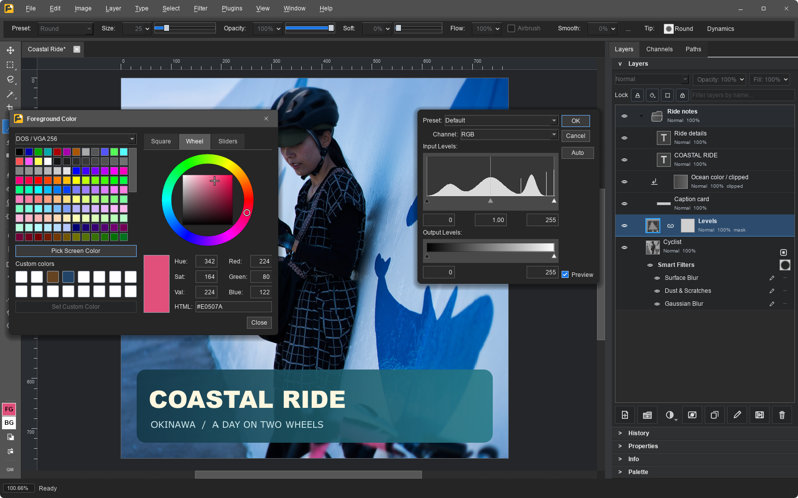 Cyclist photo with color-wheel and Levels controls, an editable Levels adjustment layer, a Smart Filter stack and shared mask, grouped text, and a clipping mask