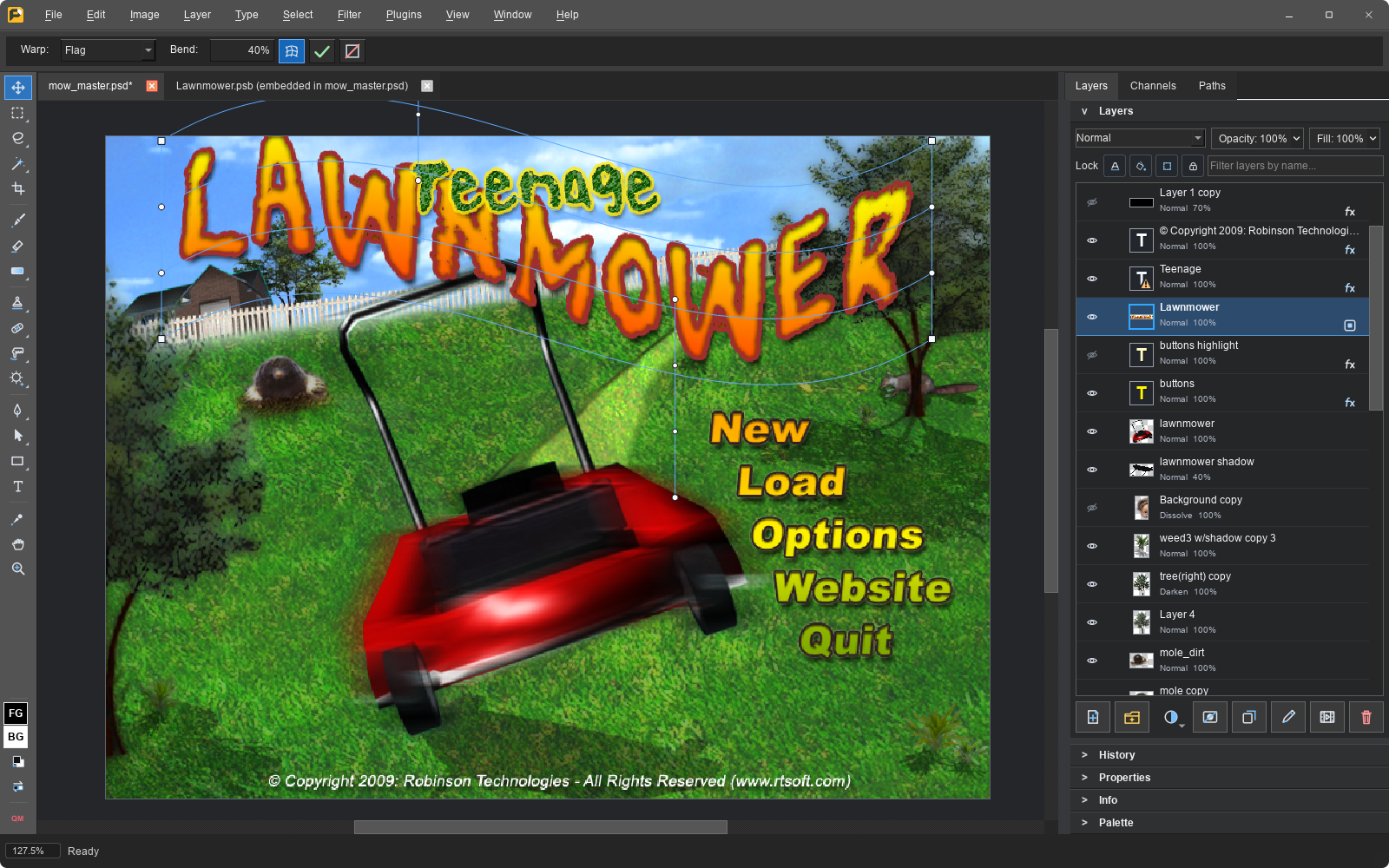 Warp a Smart Object while its embedded source stays available in another tab.