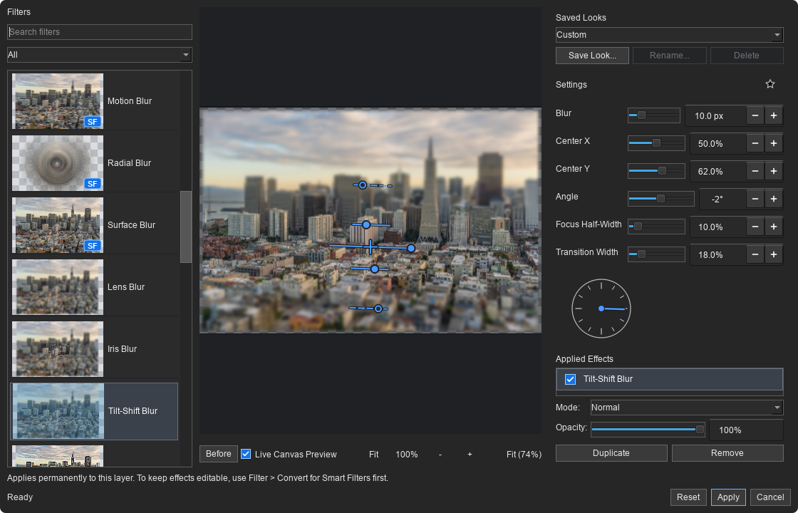 Tilt-Shift Blur with on-image controls and live preview in the Filter Gallery.