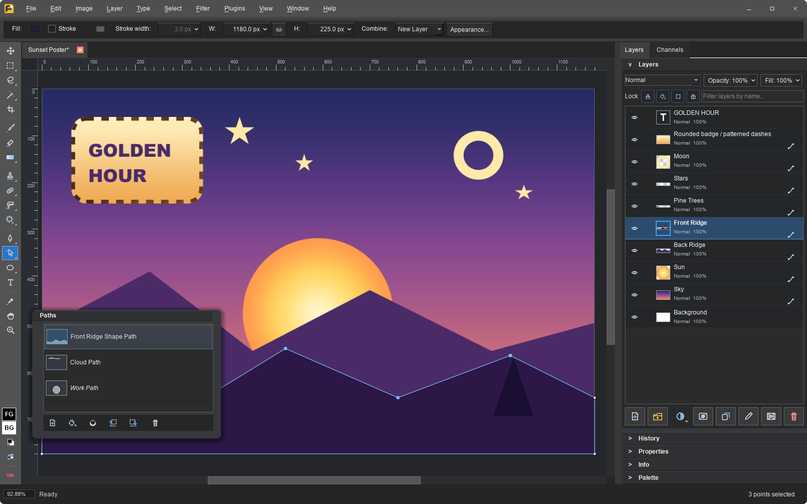 Editable paths, gradient and pattern paint, dashed strokes, rounded corners, and a Paths panel.