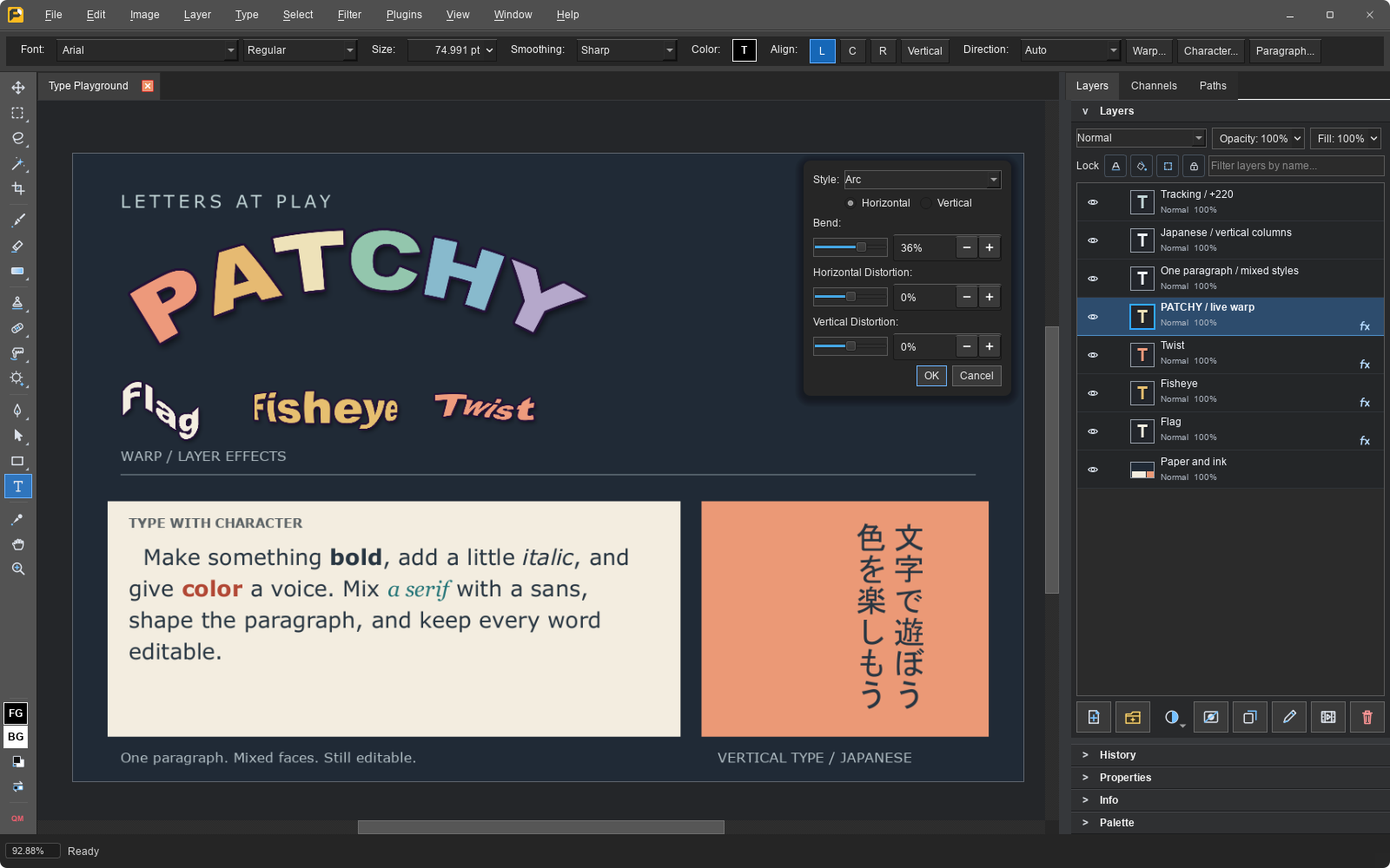 Editable warped text, a paragraph with inline bold, italic, color and mixed fonts, tracked lettering, and vertical Japanese columns.