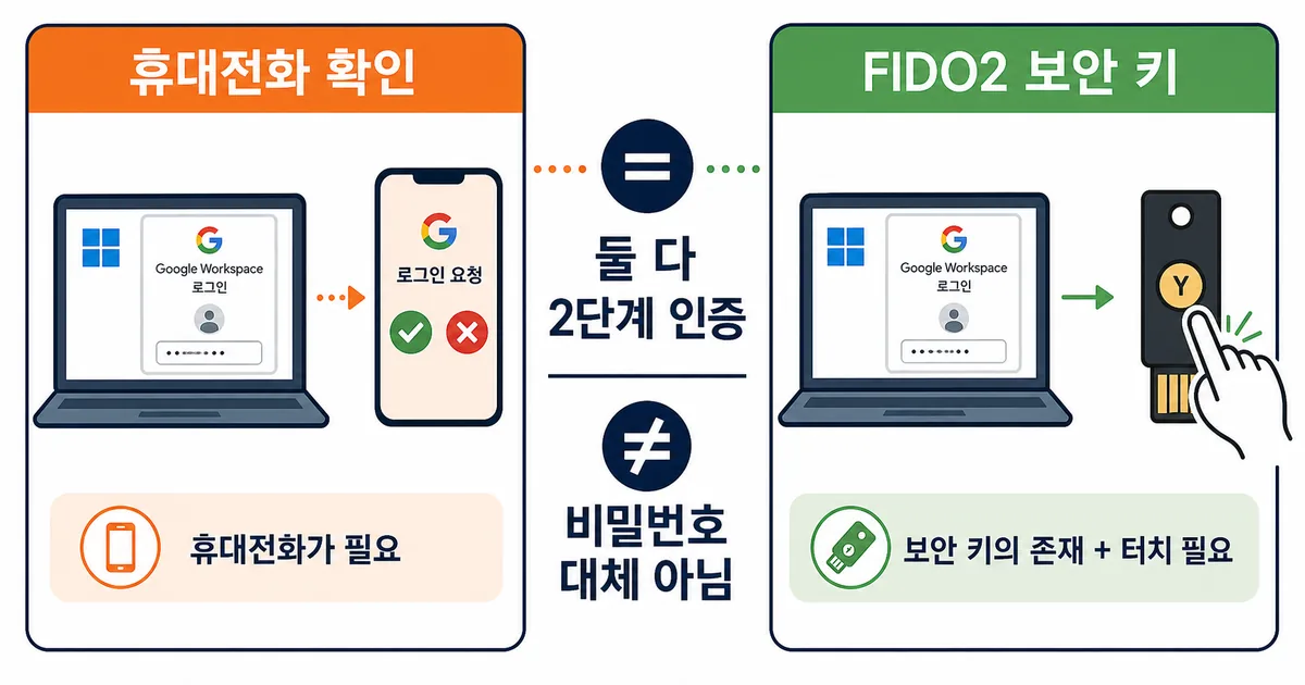 휴대전화 확인과 FIDO2 보안 키가 모두 두 번째 인증임을 보여 주는 비교 도식