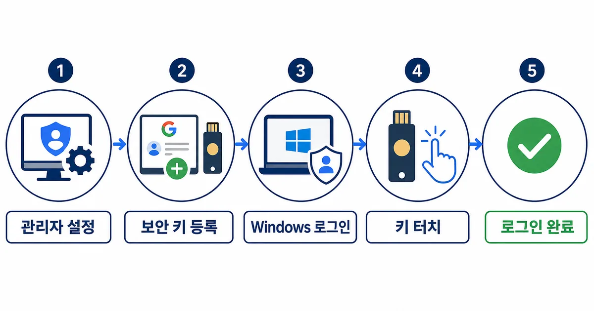 관리자 설정부터 보안 키 등록, Windows 로그인, 키 터치와 로그인 완료까지의 흐름
