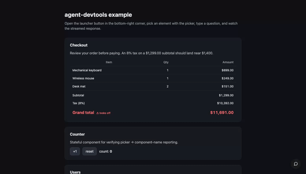 agent-devtools demo: launcher → picker → composer → live edit