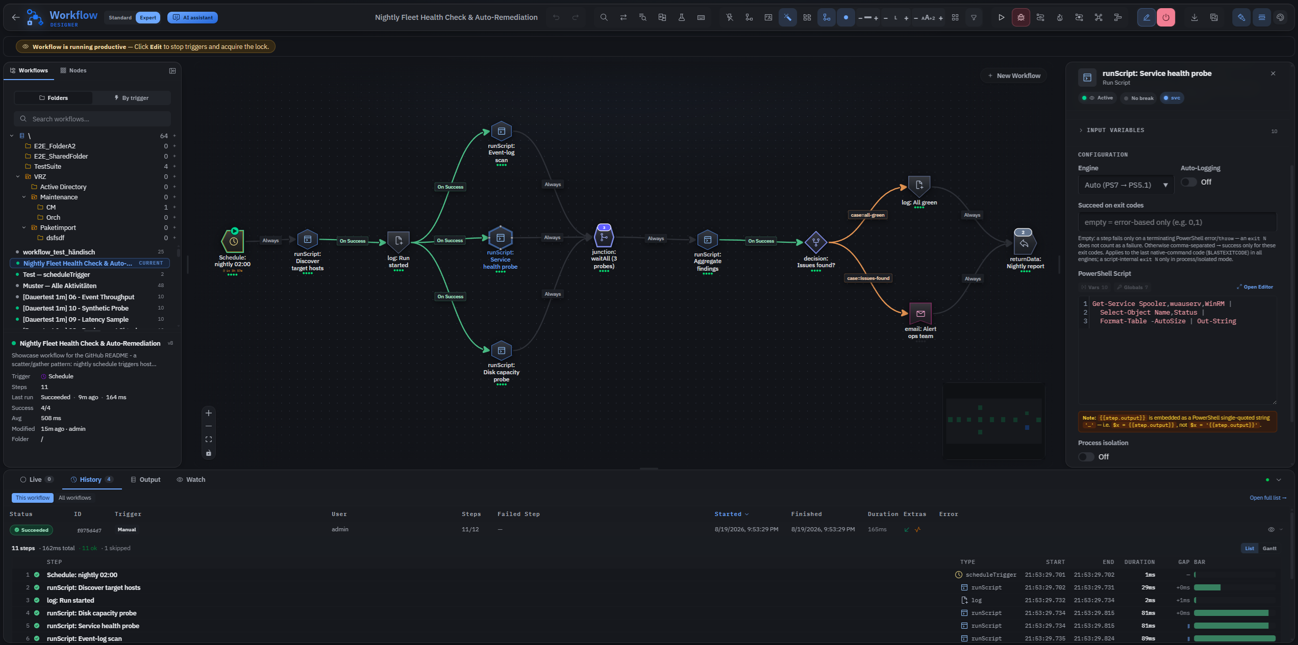 Workflow Designer — parallel fan-out/fan-in, live properties panel, seven-cluster toolbar