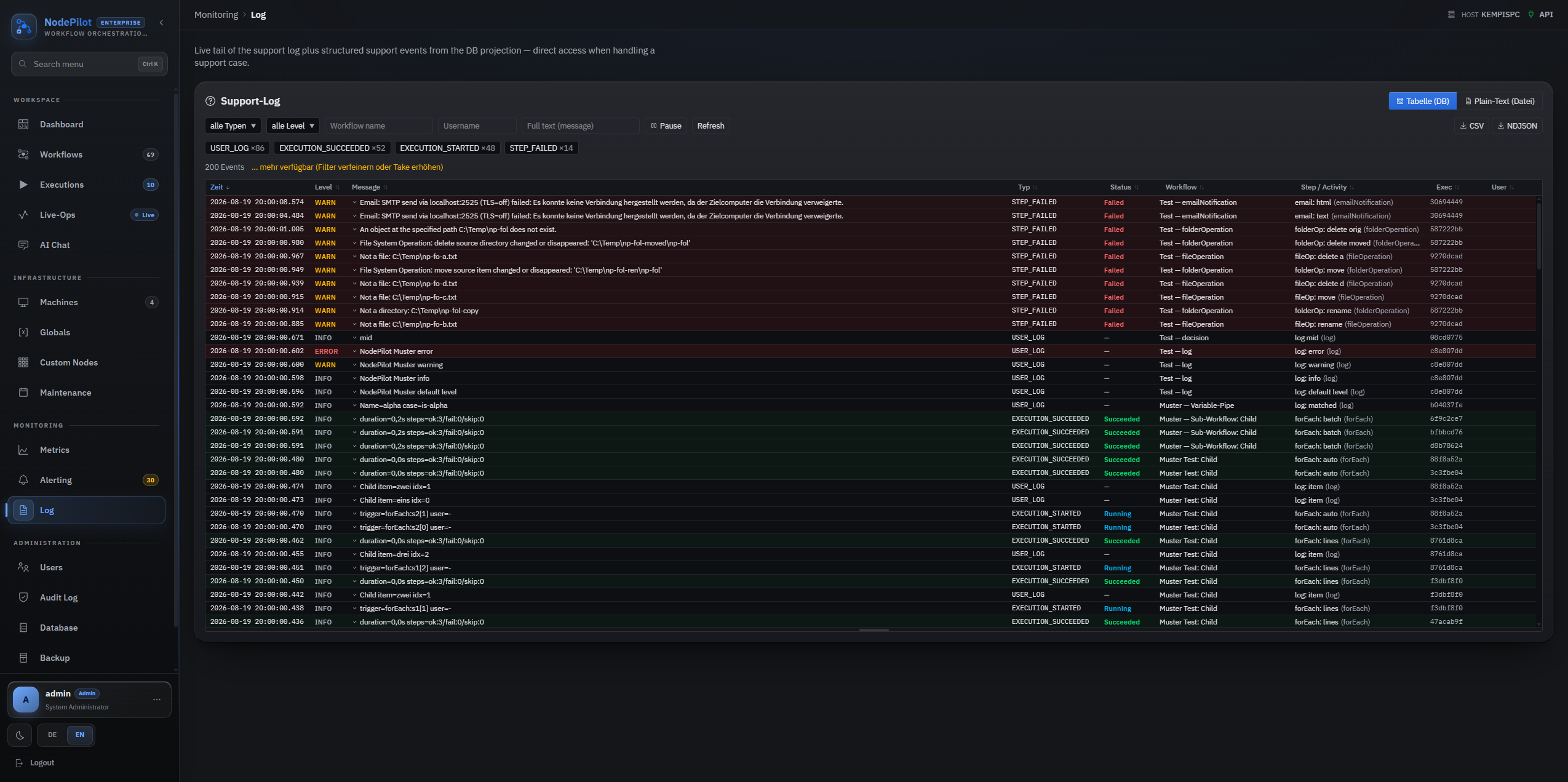 Support log — live tail plus structured support events