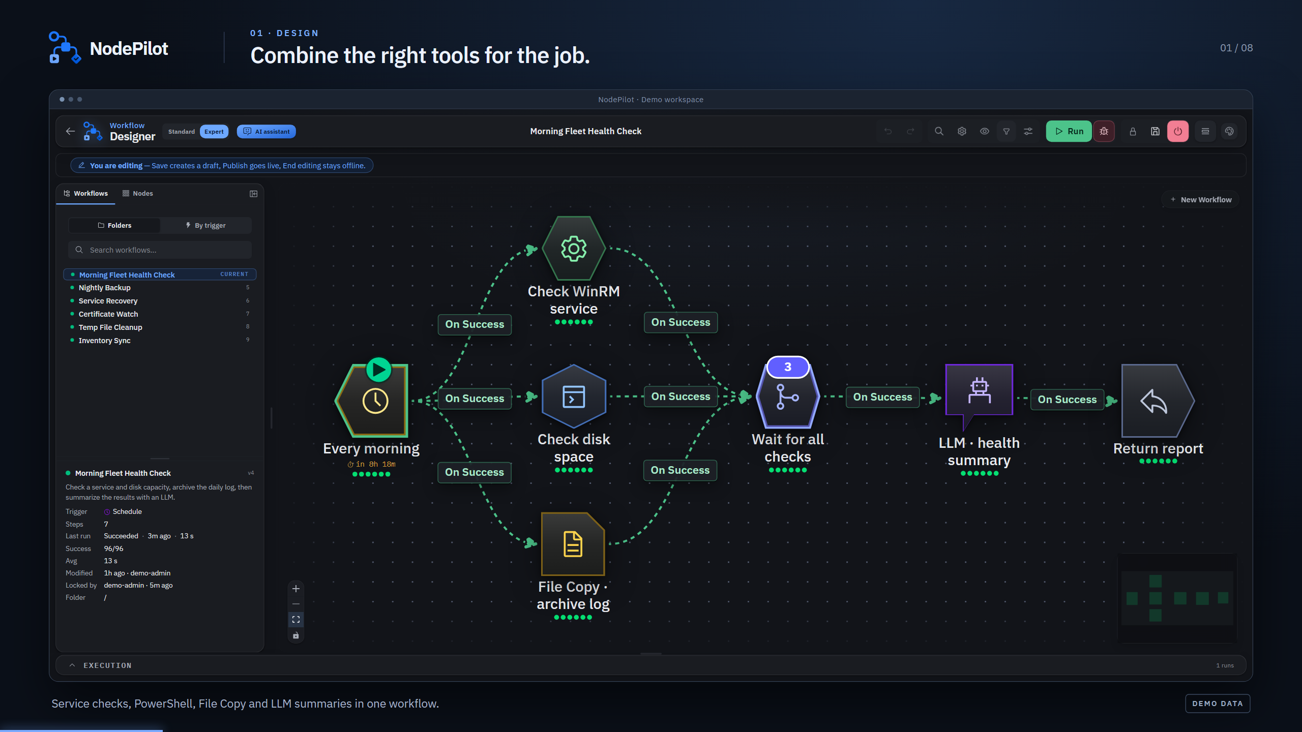 Watch the NodePilot product tour — Workflow Designer with PowerShell, File Copy and an LLM summary