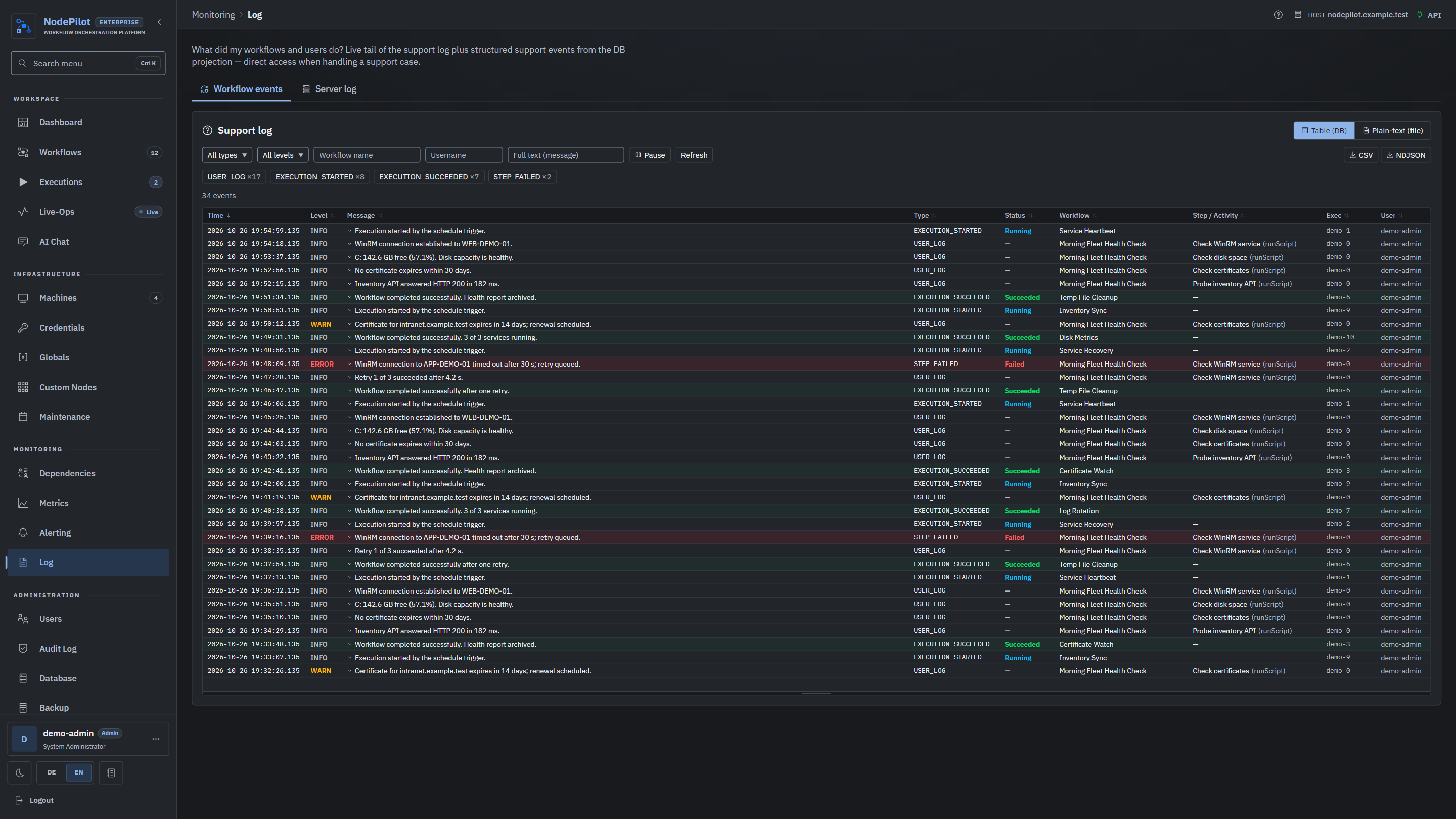 Support log, live tail plus structured support events